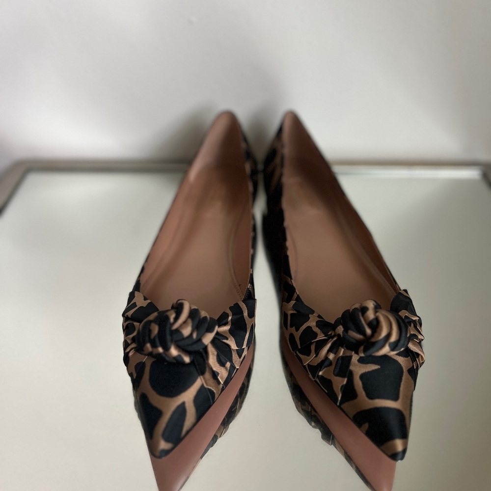 Aquazzura Leopard Print Pointed Toe Knot Flats in Black and Brown